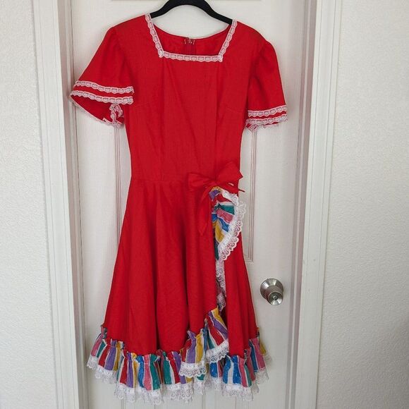 Vintage Rockmount Ranch Wear Dress - 16 - Red & Rainbow w/ Ruffles, Bows, Lace